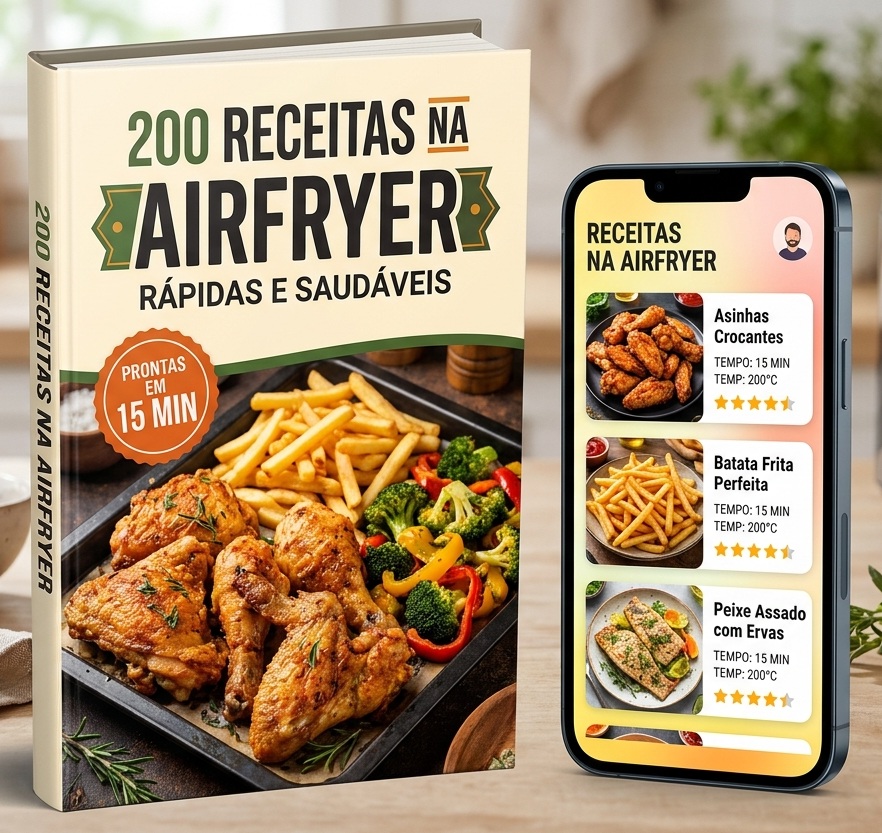 Livro 200 Receitas na Airfryer ao lado do celular com receitas passo a passo